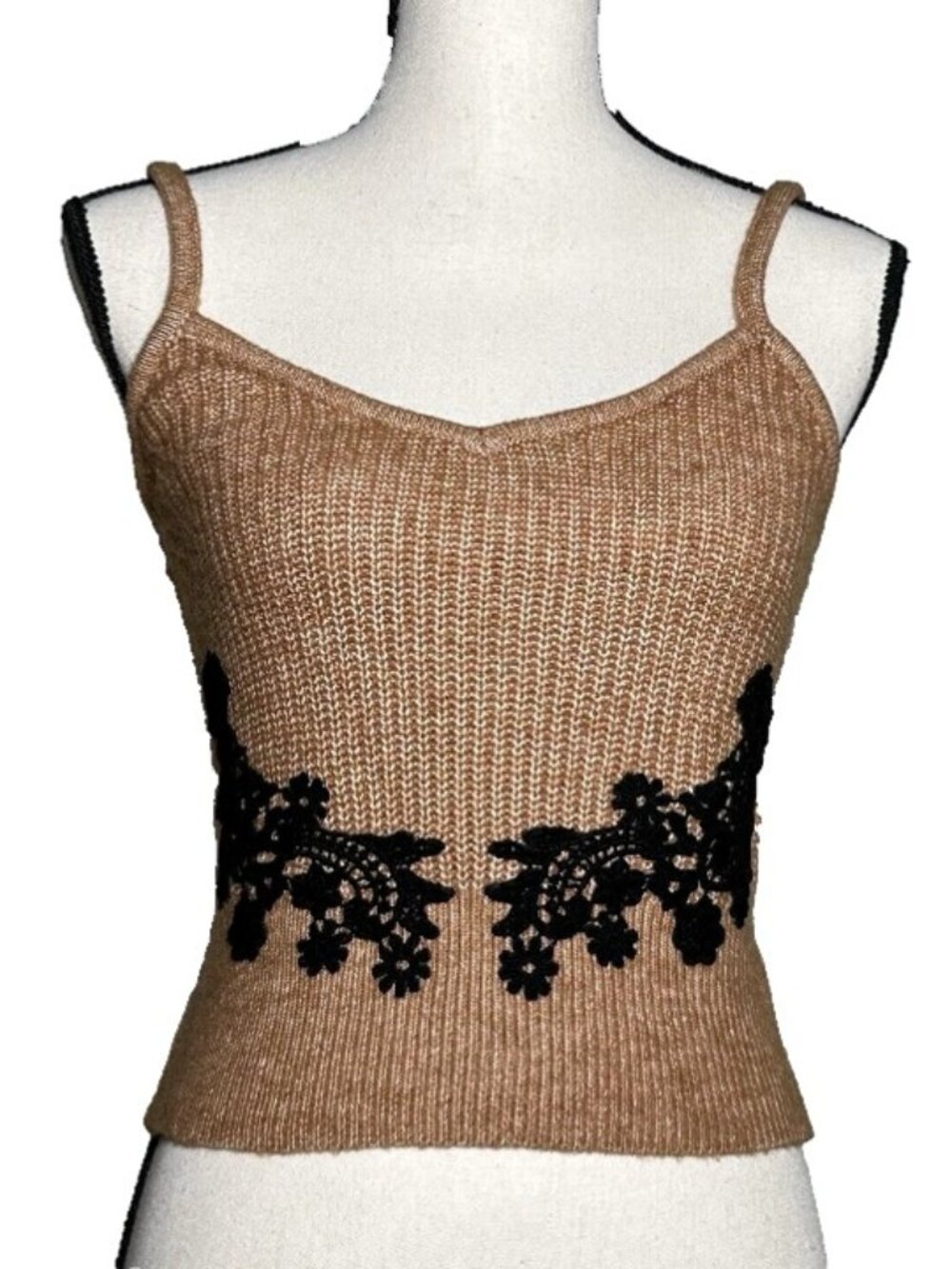 Express Women’s Tan Knit Tank Top Lace Appliqué Crop Cami Sweater Wool Blend XS